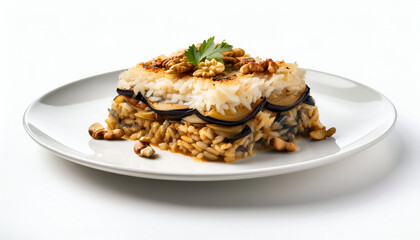 Delicious Eggplant Rice Casserole Walnuts Parsley Garnish Food Photography
