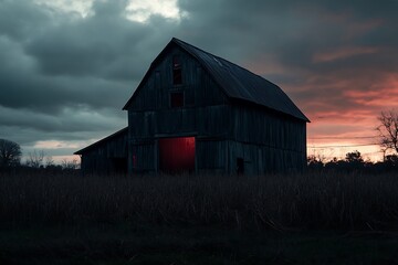Obraz premium A dark barn silhouette against a stormy sky, illuminated by a red glow at dusk.