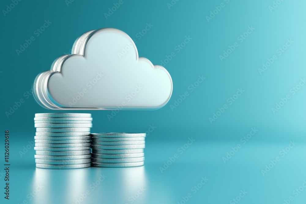Poster cloud computing concept with stack of silver coins on blue background