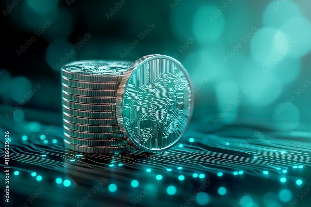 Poster stacked digital coins on circuit board with glowing network connections