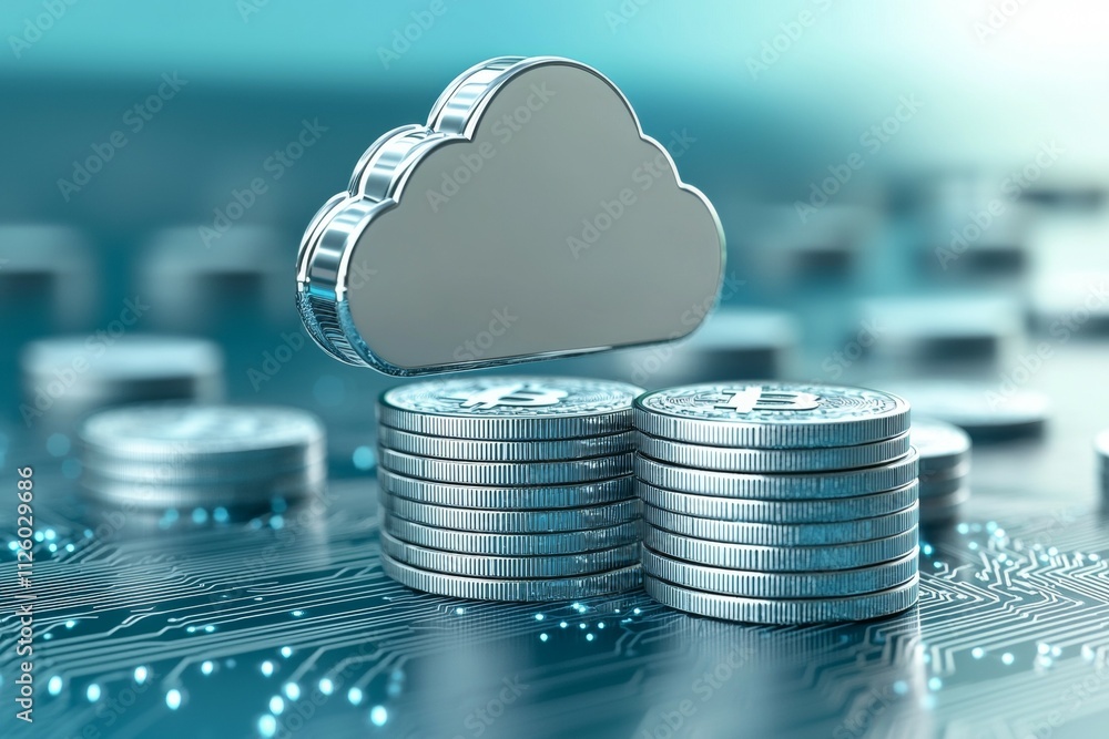 Aufkleber cloud storage symbol hovering over bitcoin stacks on circuit board background