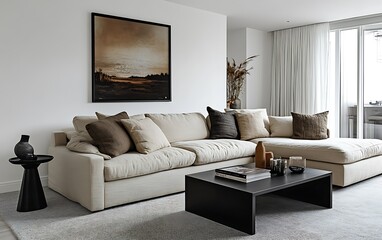Modern living room interior with beige sofa, black coffee table, artwork, and decor.