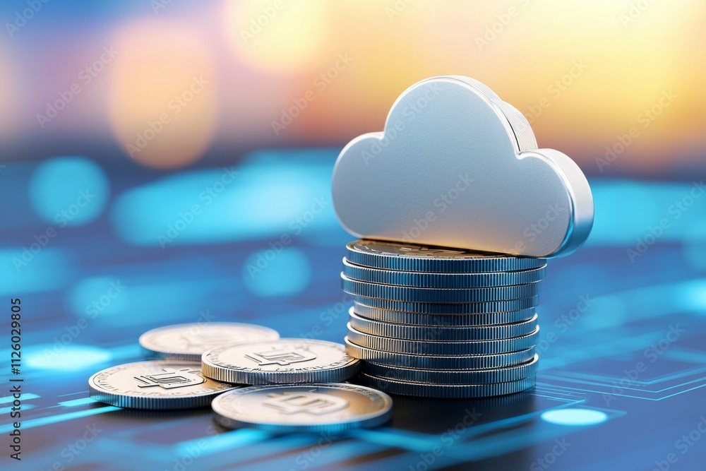 Poster cloud computing and finance concept with stack of coins and cloud icon