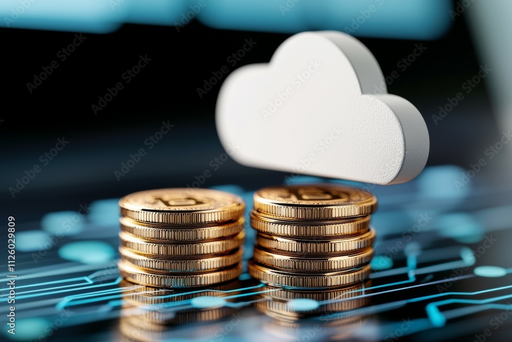 Poster cloud computing with cryptocurrency coins on digital circuit board