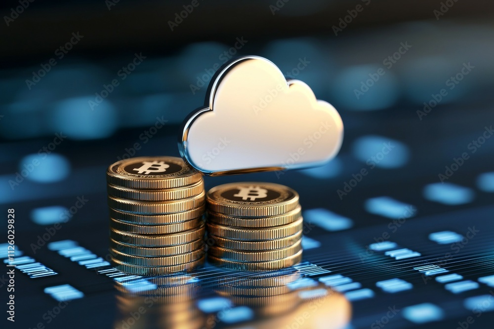 Poster cloud-based cryptocurrency growth concept with bitcoin coins and digital interface