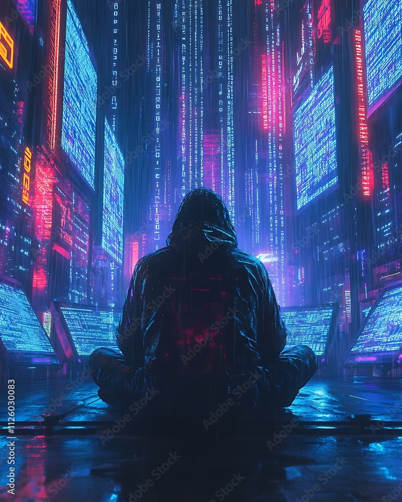 Poster the hacker theme, mysterious hacker in hooded garment sitting in neon-lit environment surrounded by 