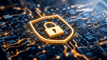 Digital Shield with Padlock on Cybersecurity Background