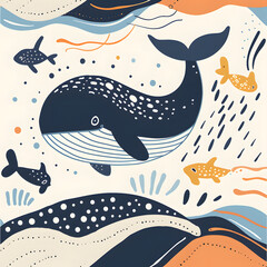 A whale is swimming in the ocean with a group of fish