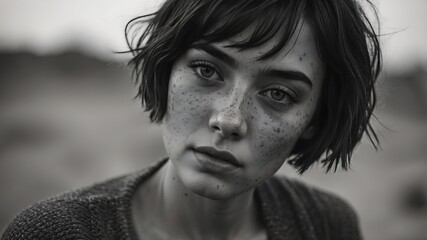Fototapeta premium A monochrome portrait of a young woman with short hair and freckles.