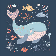 A cartoon whale is surrounded by fish and other sea creatures