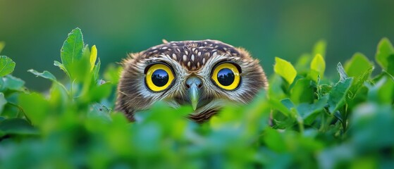 Obraz premium owl peeking through green foliage