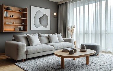 Modern minimalist living room with grey sofa, wood furniture, abstract art, and sheer curtains.
