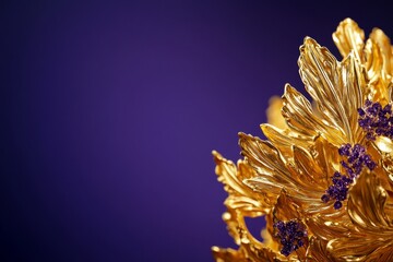 Intricate gold leaf with purple accents against deep blue background