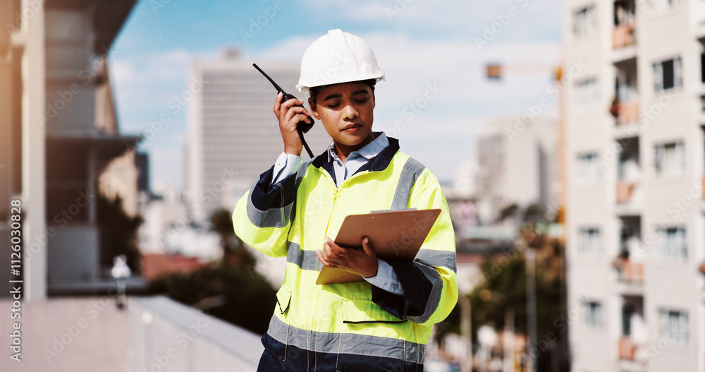 Poster radio, engineer and clipboard with woman in city for architecture, building or communication. constr