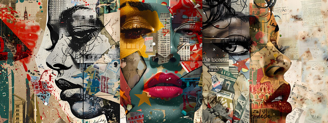 A vibrant collage featuring three artistic portraits of women, showcasing diverse styles and colors, reflecting urban culture and creativity.