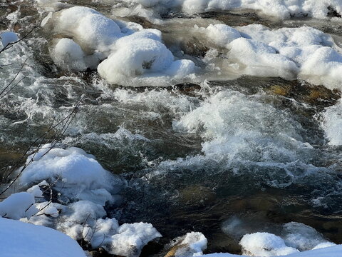 A river in a mountainous area in winter. A stormy stream.