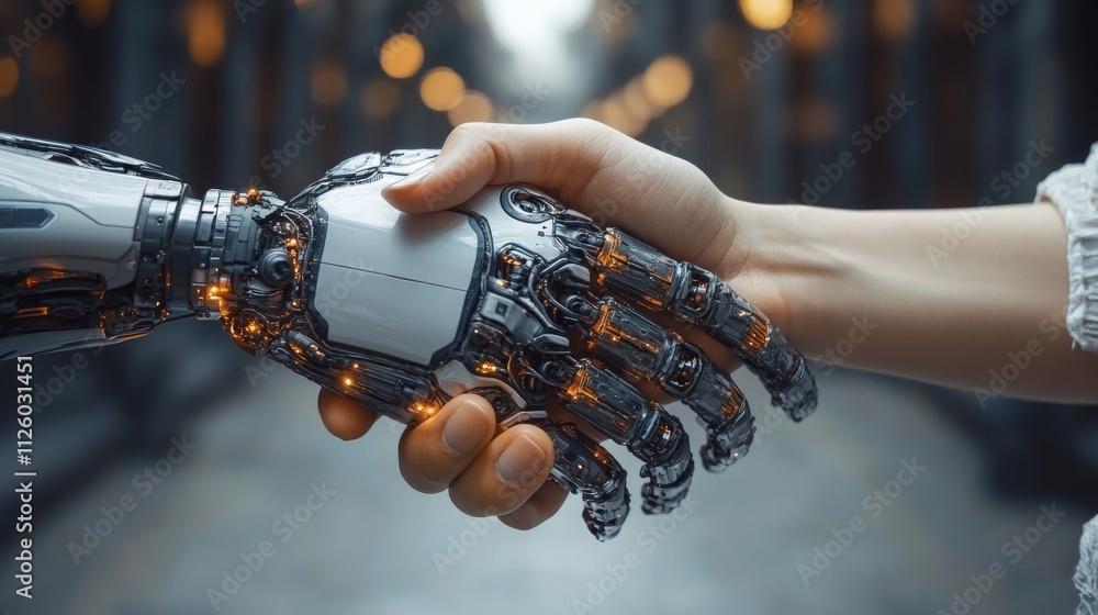 Poster human and robot handshake symbolizing connection and unity in future