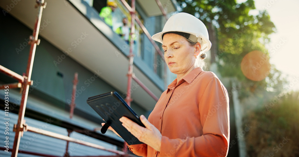 Aufkleber construction site, thinking and woman with tablet, engineering and app with online checklist. person