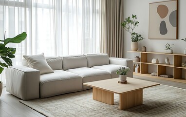 Modern minimalist living room interior with sofa, table, plants, and artwork.