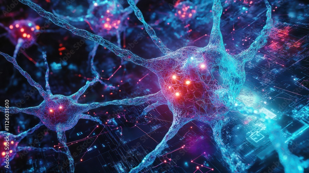 Poster a 3d holographic neural network with vibrant nodes and pathways overlaid on a dark high-tech backdro