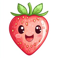 Obraz premium A smiling strawberry with shining eyes, the cute strawberry laughing sweetly, the cheerful strawberry glowing warmly, cartoonish style, isolated on white background.