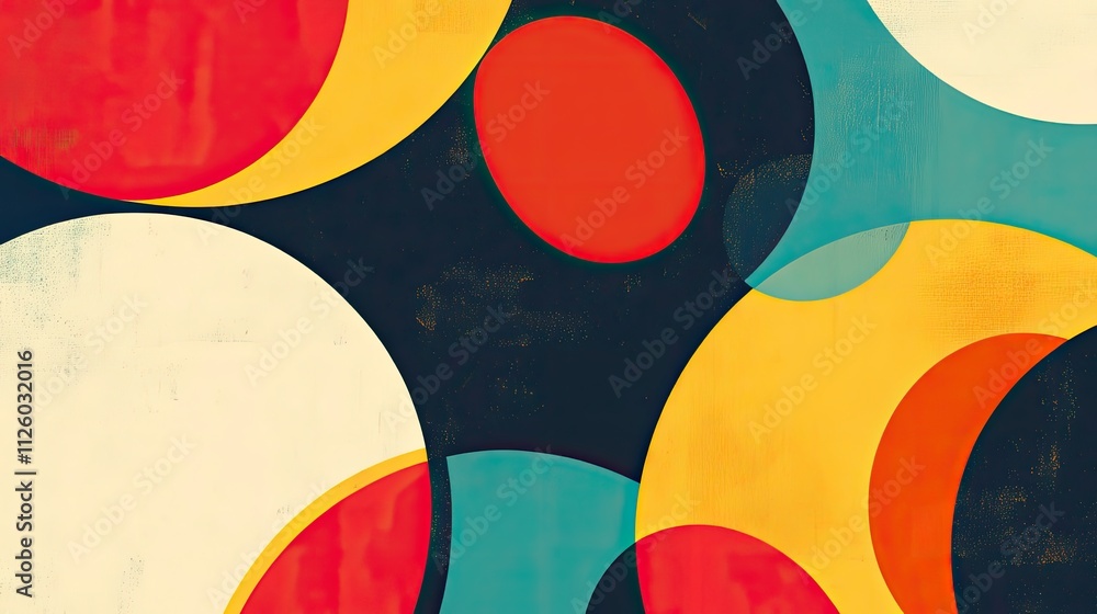 Poster abstract colorful overlapping circles on dark background.