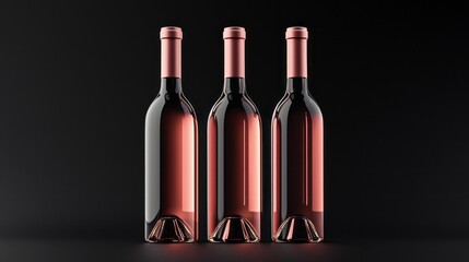 Three exquisite rose wine bottles stand in perfect alignment, enhanced by soft lighting that accentuates their sleek shapes