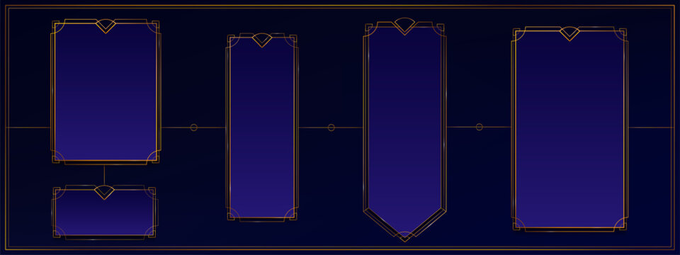 Deco frame for ui game. Medieval fantasy button for luxury interface. Magic islamic blue gradient rectangle box with golden royal thin ornament. Chic gui icon set for premium app design vector