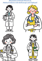 Illustration of Female Doctors in Medical Uniform with Stethoscope and Clipboard