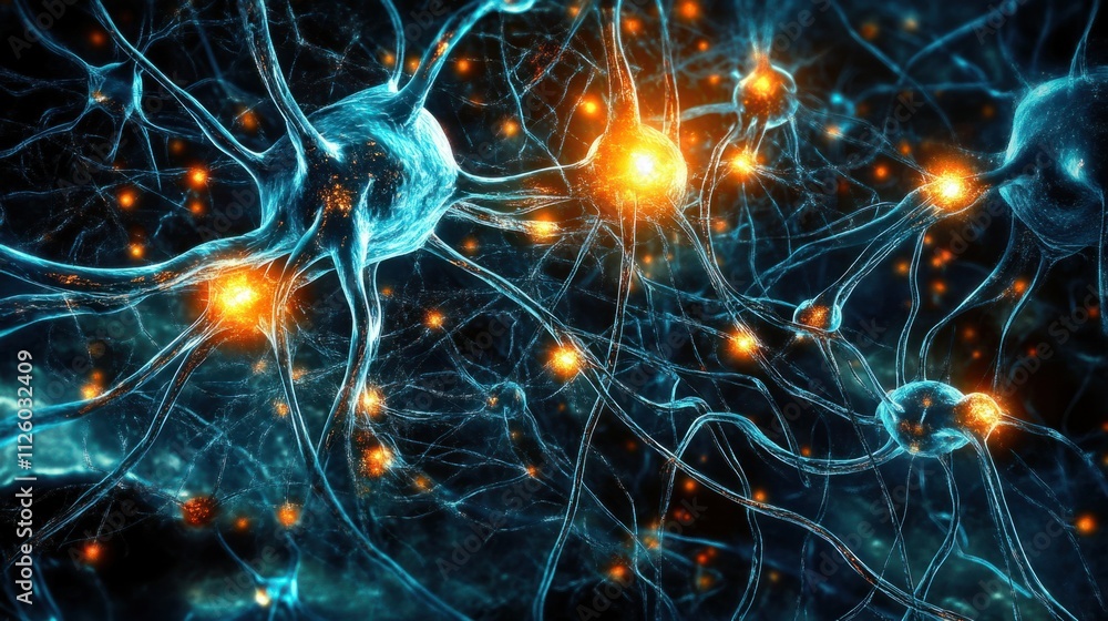 Poster a digital blueprint of a neural network, with glowing connections and pathways forming a complex sys