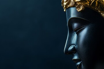 Golden-accented black buddha statue side profile on dark background