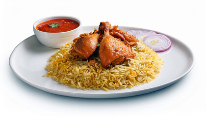 Fototapeta premium Delicious Chicken Biryani Dish with Spicy Sauce