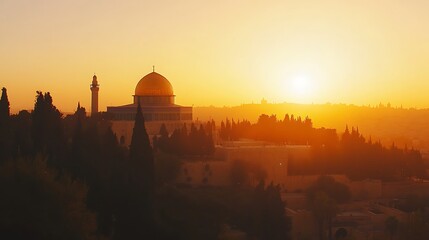 Fototapeta premium Golden Dome sunset, Jerusalem skyline.