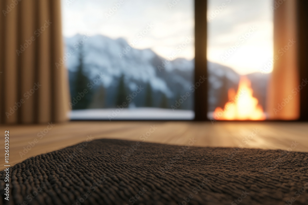 Poster a rug is on the floor in front of a window with a view of mountains