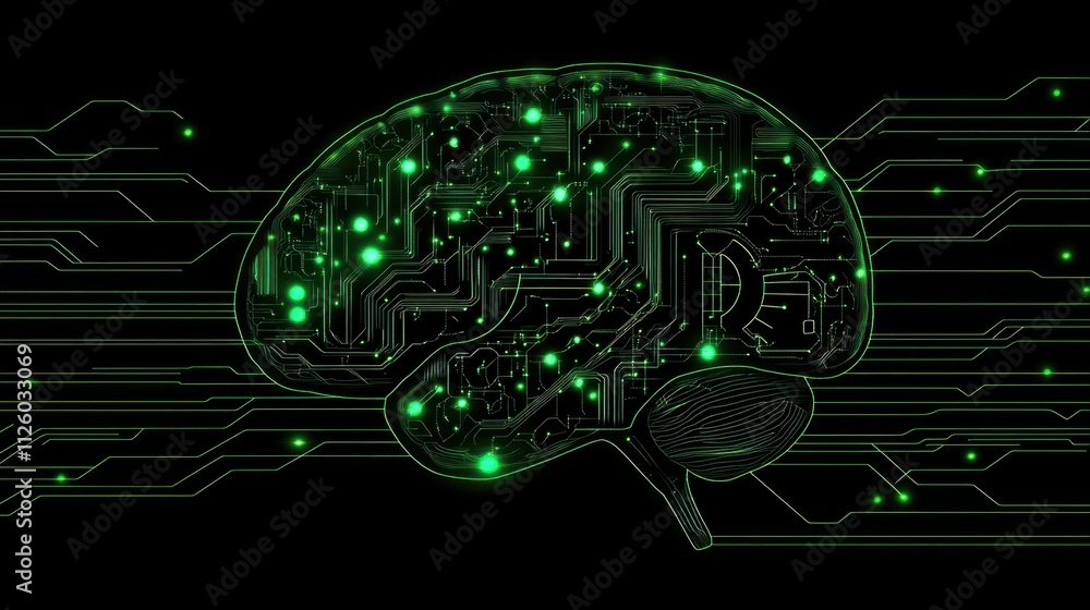 Poster a digital brain with illuminated neural connections and a futuristic data stream background, symboli