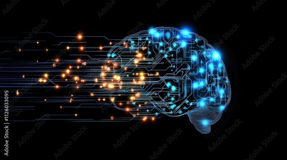 Poster a digital brain with illuminated neural connections and a futuristic data stream background, symboli