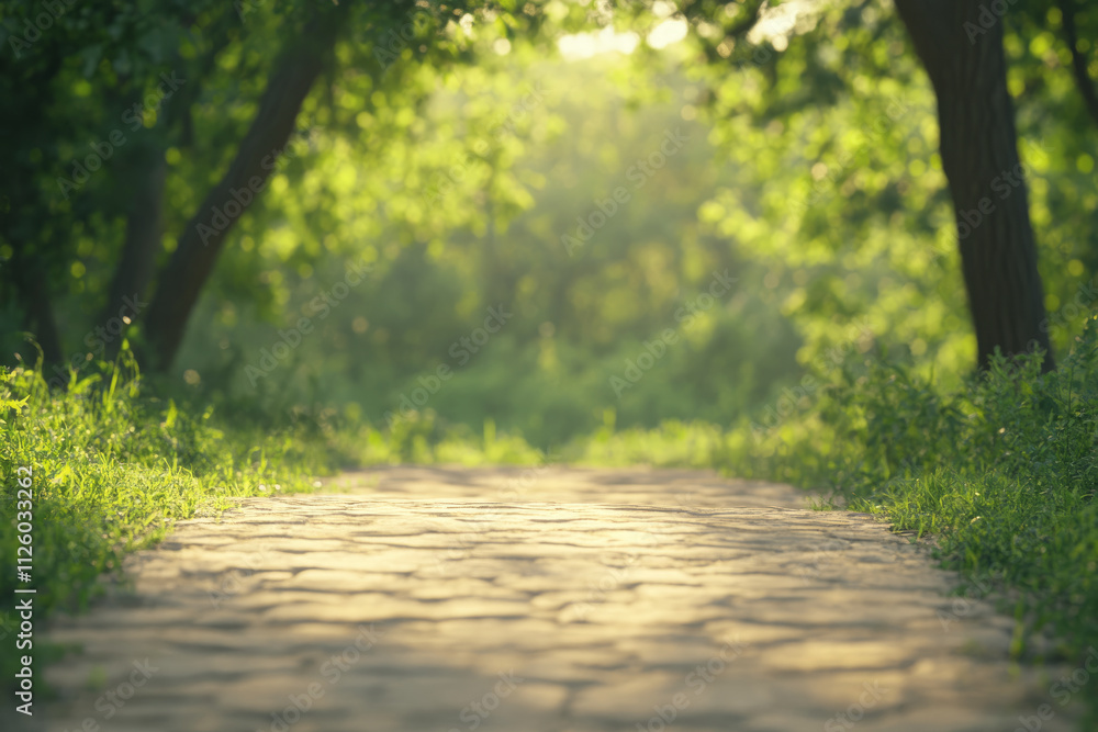 Poster a path winds through a grassy field with trees in the background