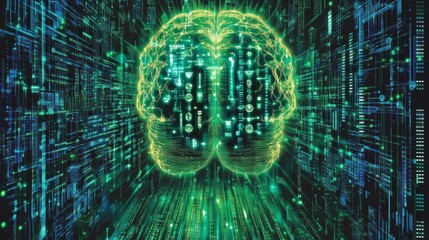 A digital brain with illuminated neural connections and a futuristic data stream background, symbolizing AI
