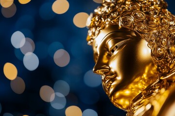 Golden buddha statue with bokeh background illuminated in warm light