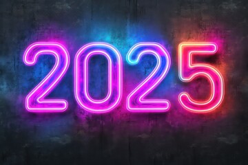 The numbers "2025" with glowing neon lights in vibrant colors, perfect for a contemporary, eye-catching banner design, with a transparent background to maintain focus on the text.