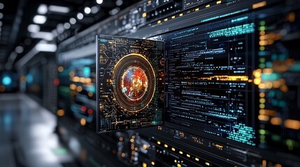 Fototapeta premium AI Powered Business Intelligence Workspace with Glowing Analytics Overlays