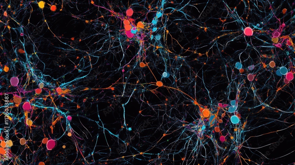 Poster a digital illustration of a neural network with colorful nodes and pathways forming a web-like struc