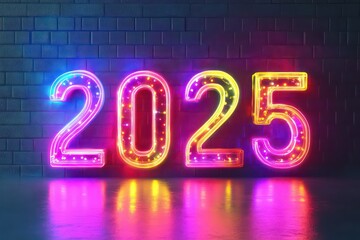 The numbers "2025" with glowing neon lights in vibrant colors, perfect for a contemporary, eye-catching banner design, with a transparent background to maintain focus on the text.