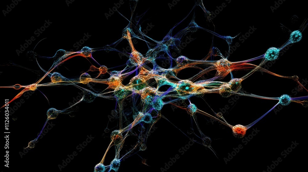 Poster a digital illustration of a neural network with colorful nodes and pathways forming a web-like struc