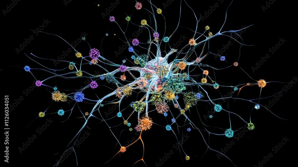 Poster a digital illustration of a neural network with colorful nodes and pathways forming a web-like struc