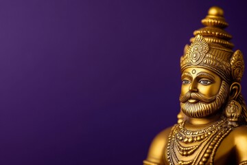 Golden hindu deity statue on purple background: intricate sculpture of a sacred figure