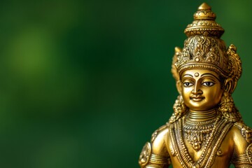 Fototapeta premium Golden hindu deity statue with intricate details on green background