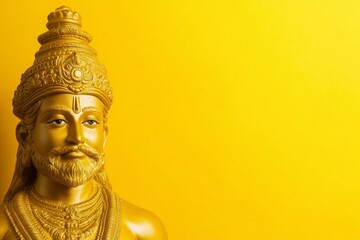 Golden hindu deity statue on yellow background