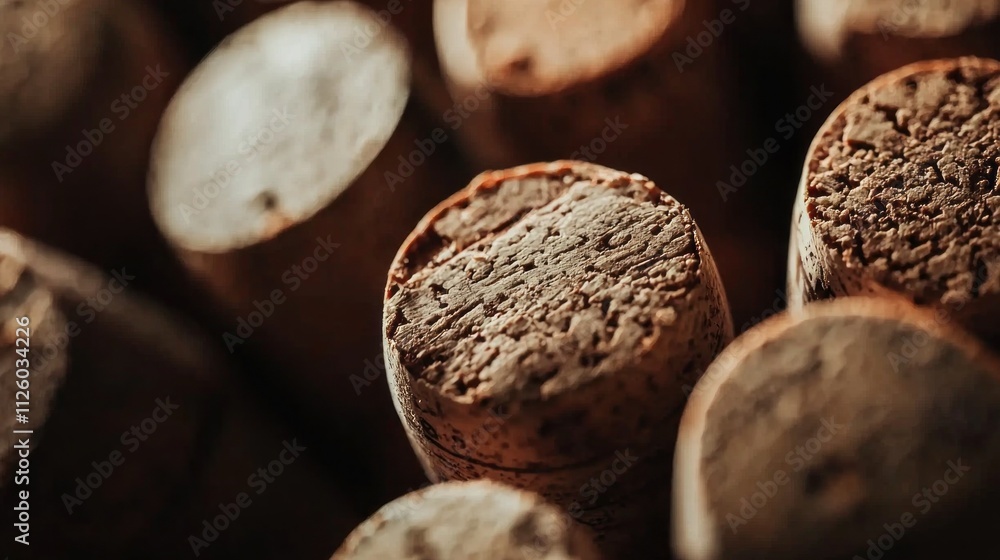 Poster Close-up view reveals the unique textures and patterns of multiple wine corks stacked together, creating an artistic background that celebrates wine culture and craftsmanship