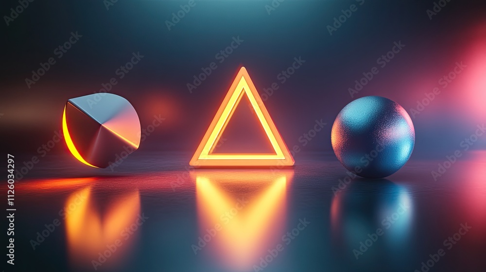 Poster glowing neon triangle between sphere and cone reflecting on dark surface.